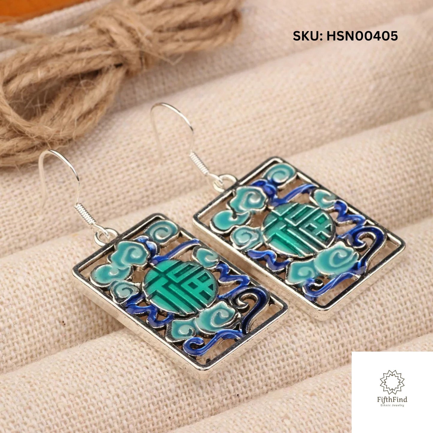 Boho Silver Enamel Rectangle Drop Earrings