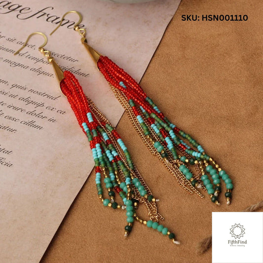 Boho Red and Turquoise Fringe Earrings