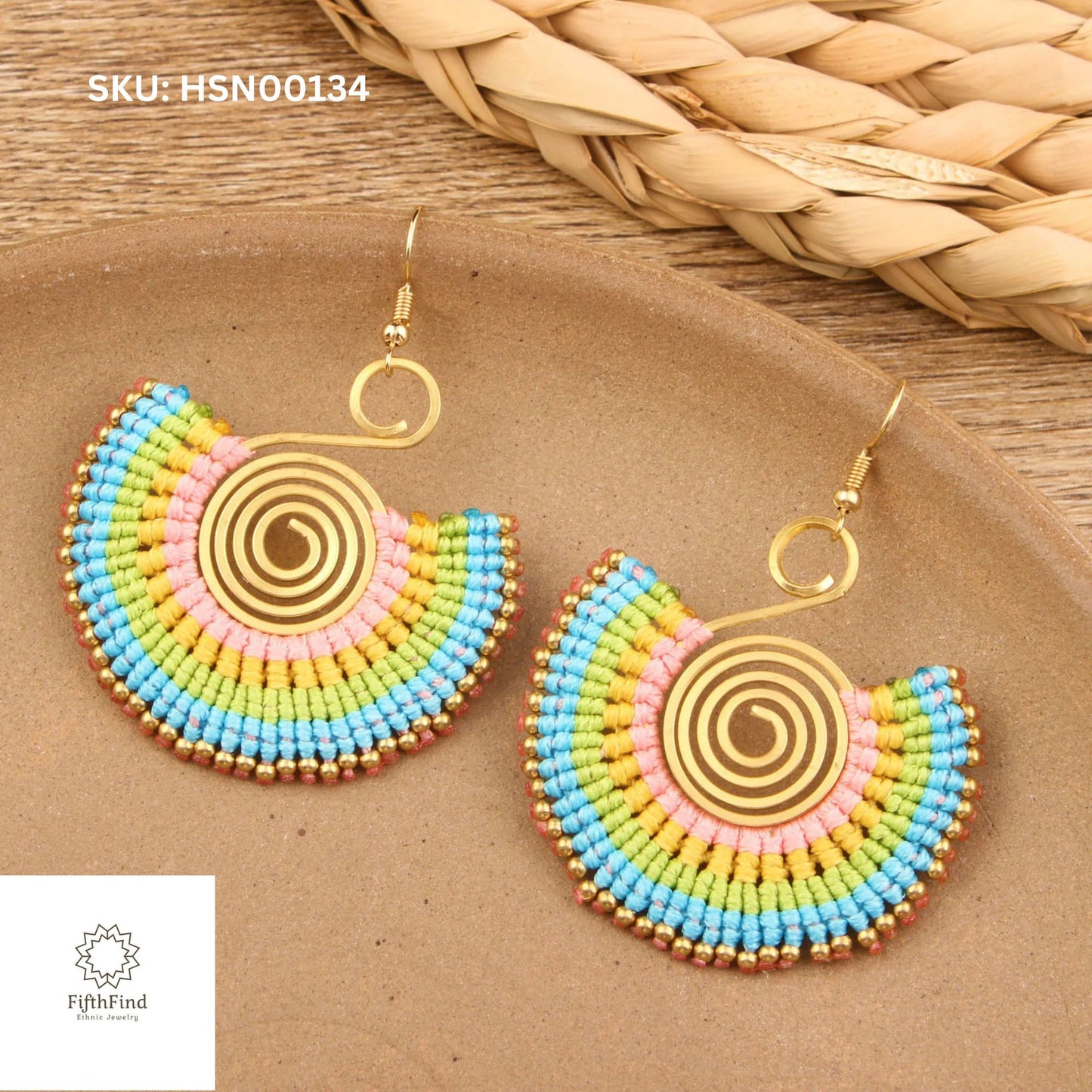 Bright Multicolor Fan Earrings with Golden Spiral Accent