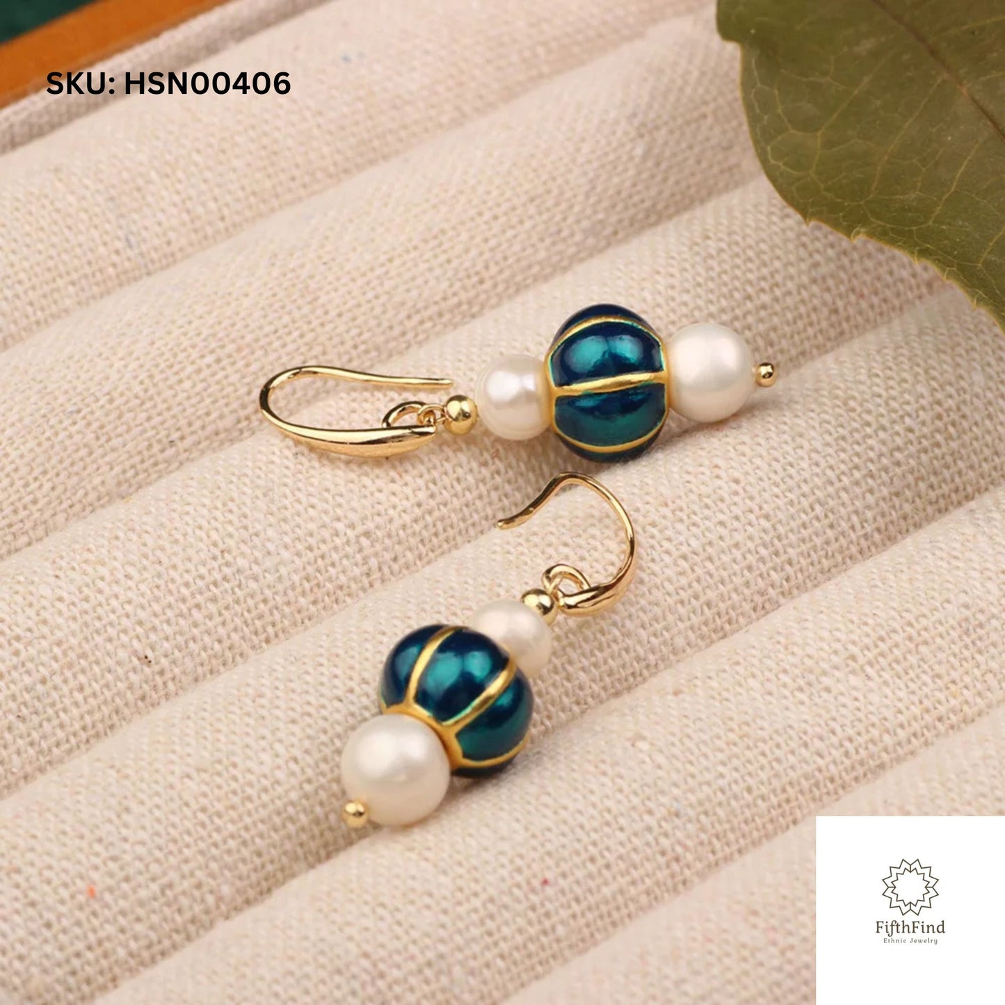 Gold Pearl & Blue Enamel Drop Earrings