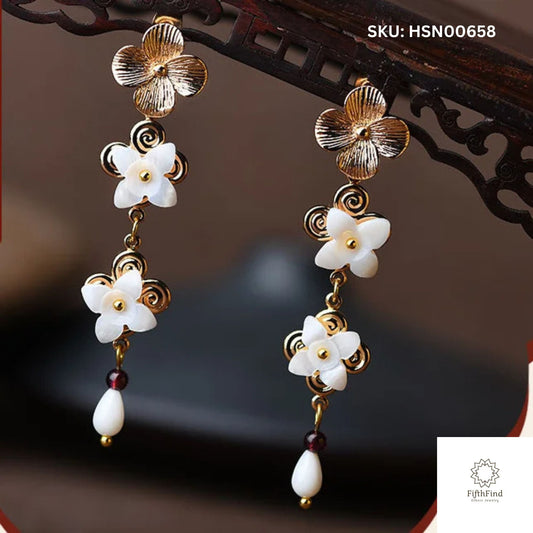 Elegant Gold Floral Drop Earrings with Garnet and Pearl