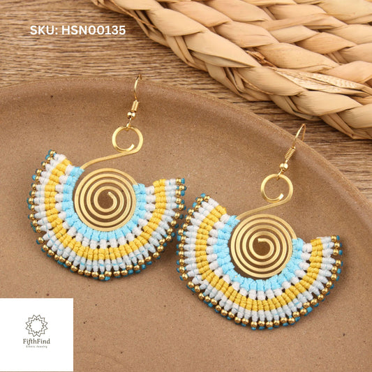 Yellow and Blue Fan Earrings with Golden Spiral Detail