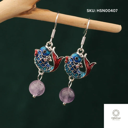 Colorful Fish Charm Earrings with Amethyst Beads