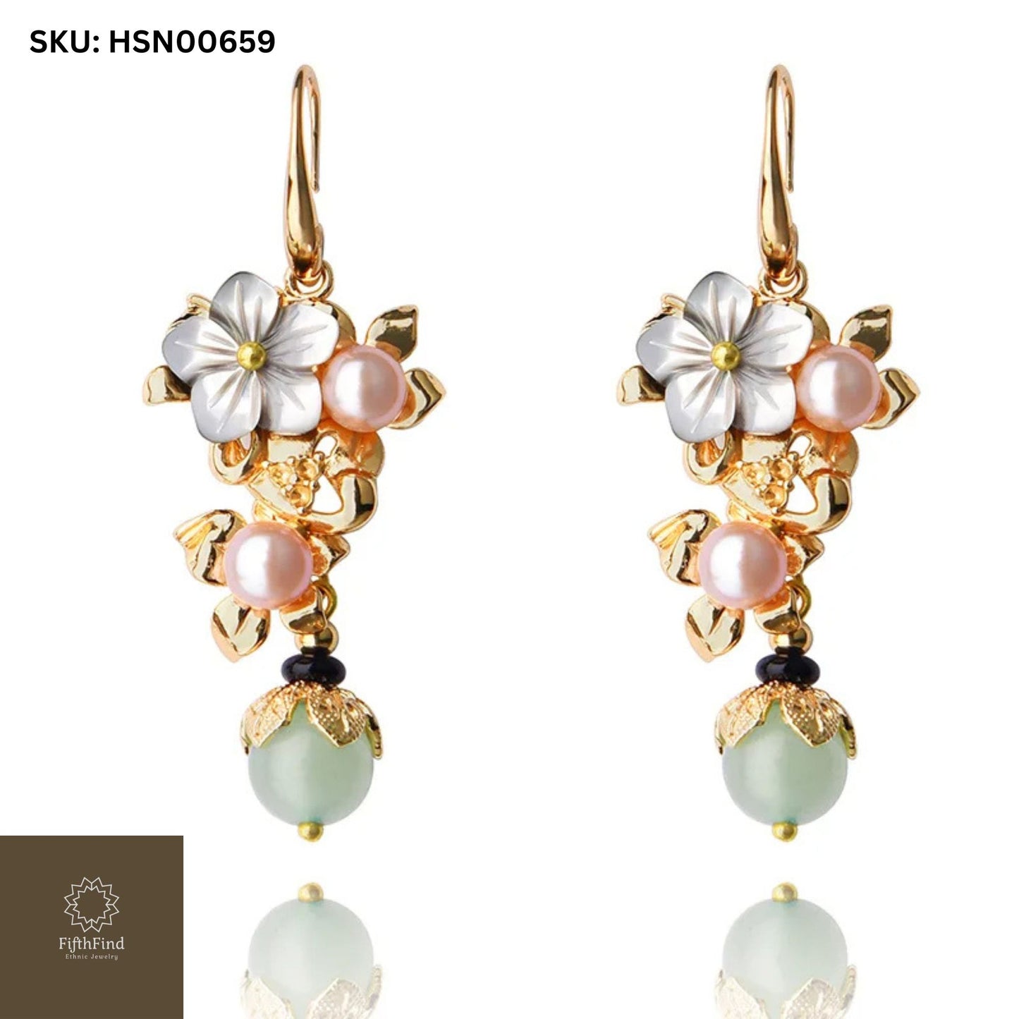 Gold Floral Drop Earrings with Pearls and Jade Beads