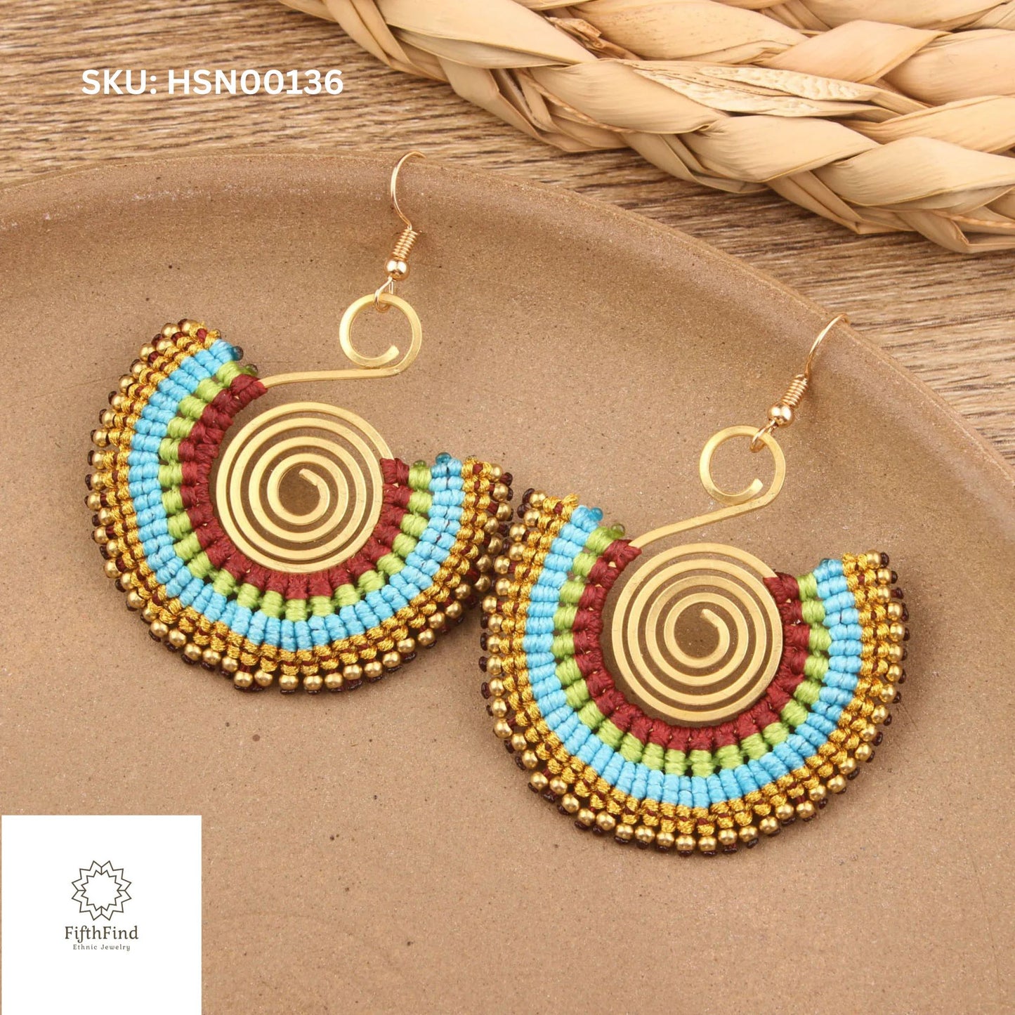 Boho Multicolor Fan Earrings with Gold Spiral Design