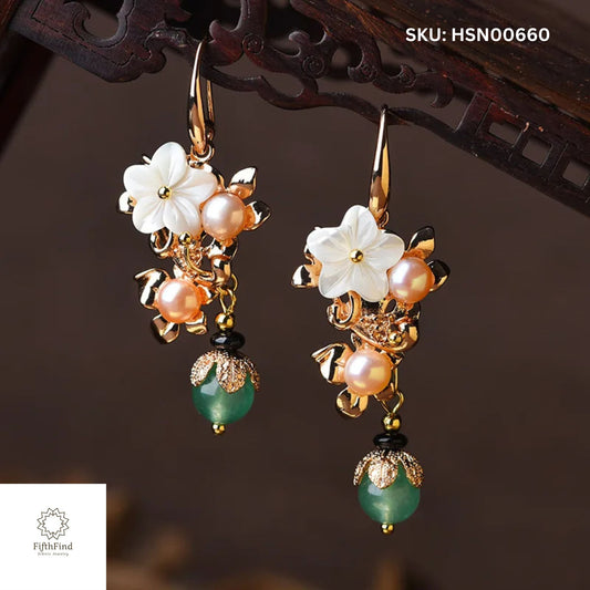 Elegant Floral Drop Earrings with Pearls and Jade Beads