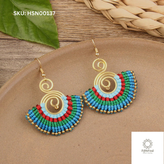 Boho Fan Earrings with Multicolor Beads and Gold Spirals