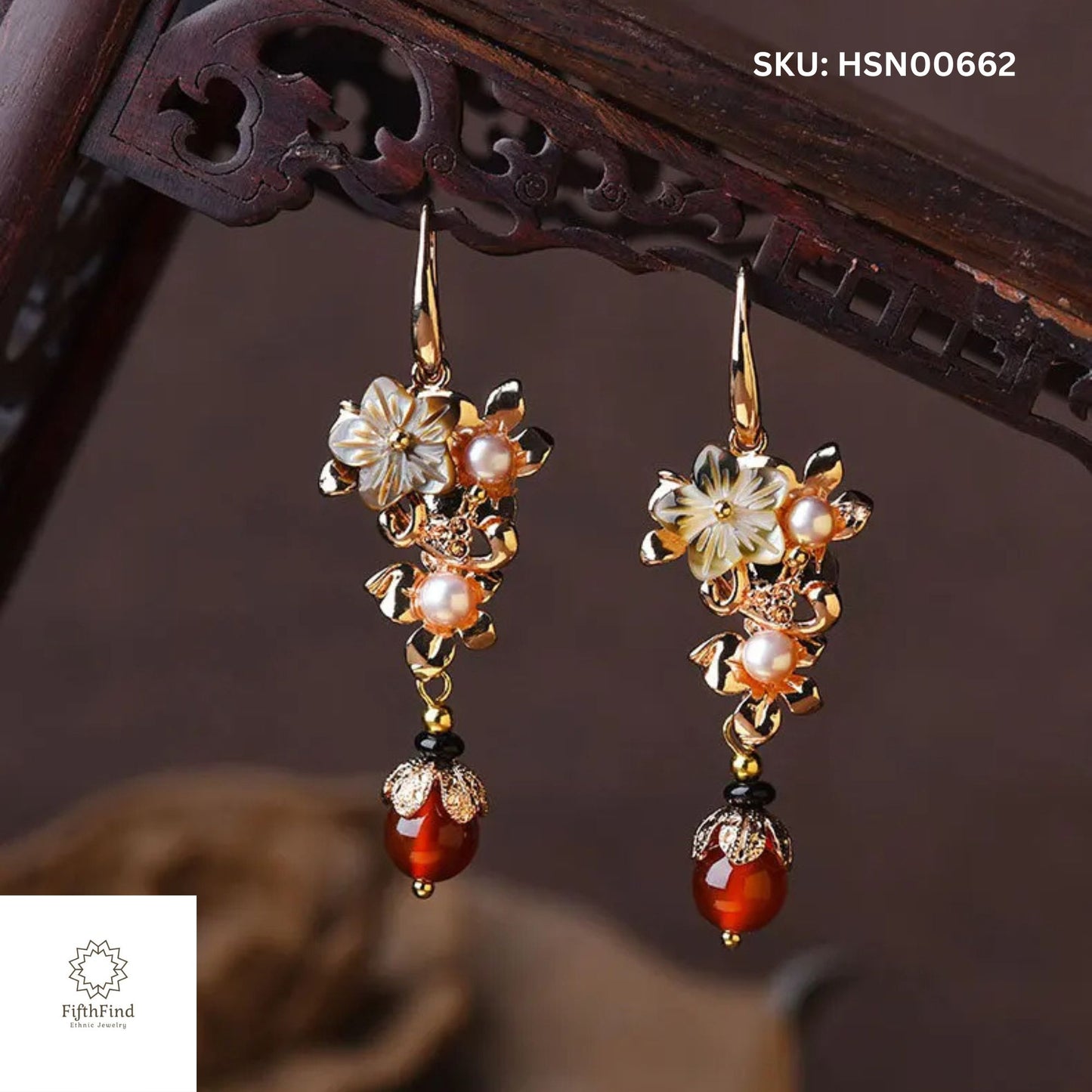 Gold Floral Drop Earrings with Pearls and Red Beads