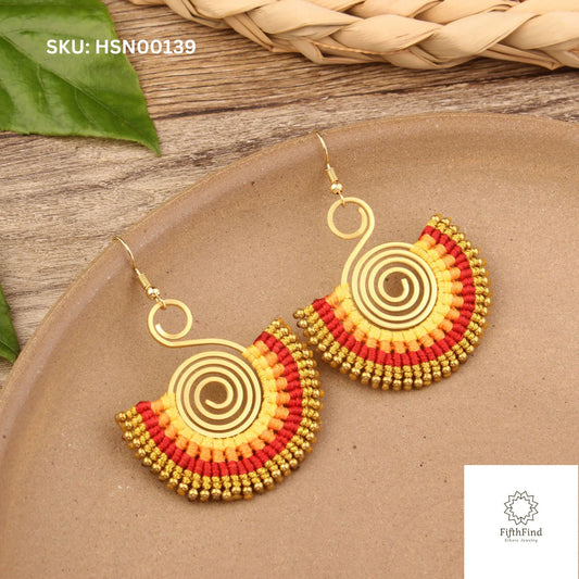 Golden Spiral Boho Earrings with Fiery Red and Yellow Beads