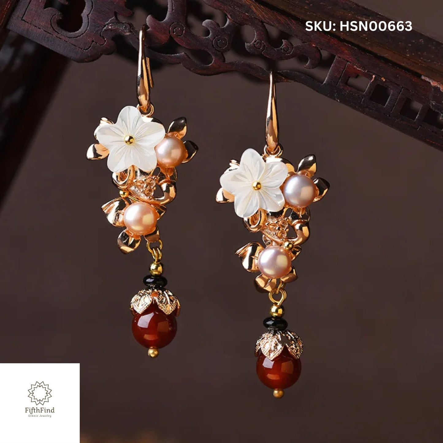 Elegant Floral Gold Earrings with Pearls and Red Beads