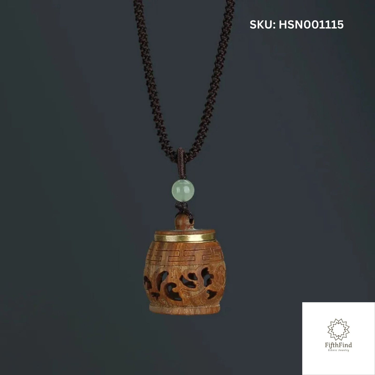 Carved Wooden Barrel Pendant with Jade Accent