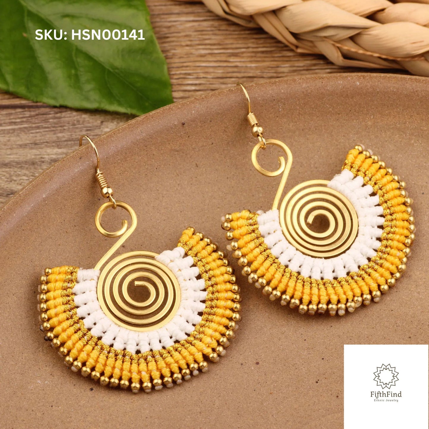 Boho Yellow and White Spiral Fan Earrings with Gold Accents