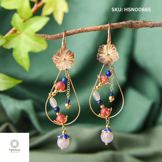 Boho Floral Drop Earrings with Lapis and Rose Accents