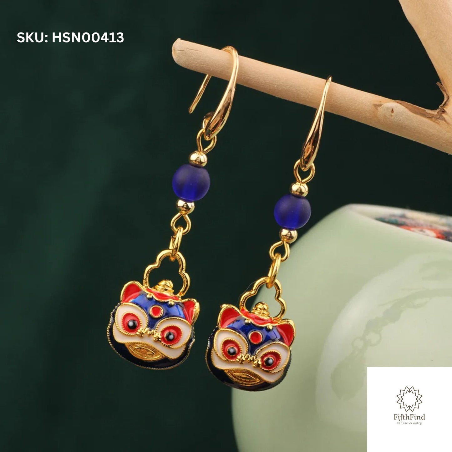 Enamel Lion Drop Earrings with Blue Glass Beads