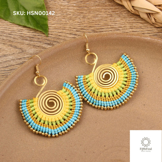 Blue and Yellow Spiral Boho Fan Earrings with Gold Accents