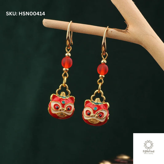 Red Lion Enamel Earrings with Gold and Glass Beads