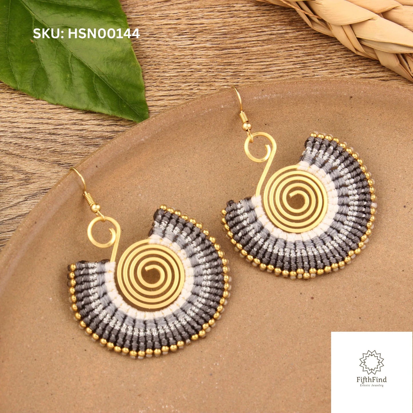 Monochrome Spiral Boho Fan Earrings with Gold Accents