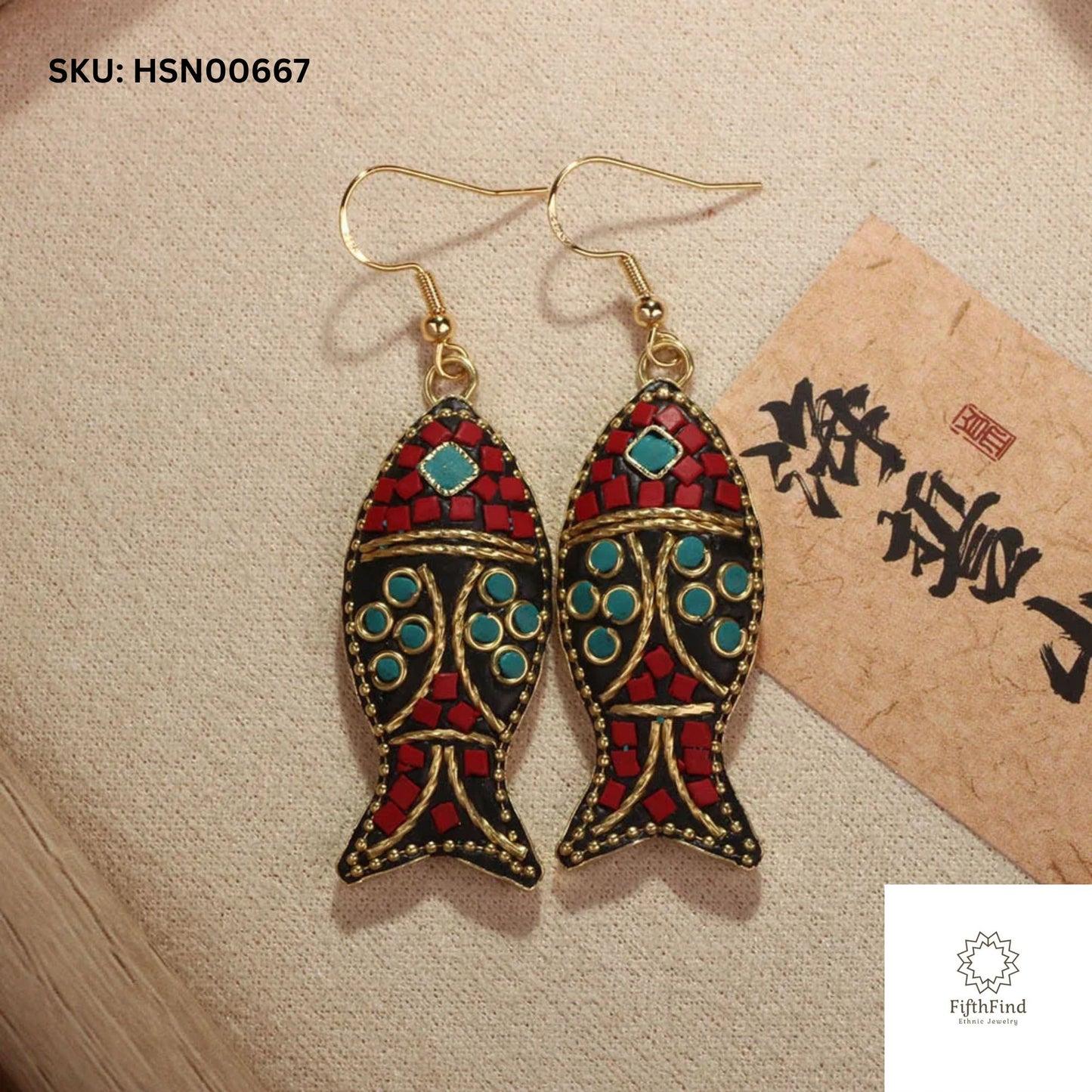 Boho Mosaic Fish Earrings in Red and Green with Gold Accents