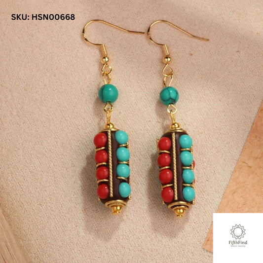 Red and Turquoise Beaded Drop Earrings with Gold Accents