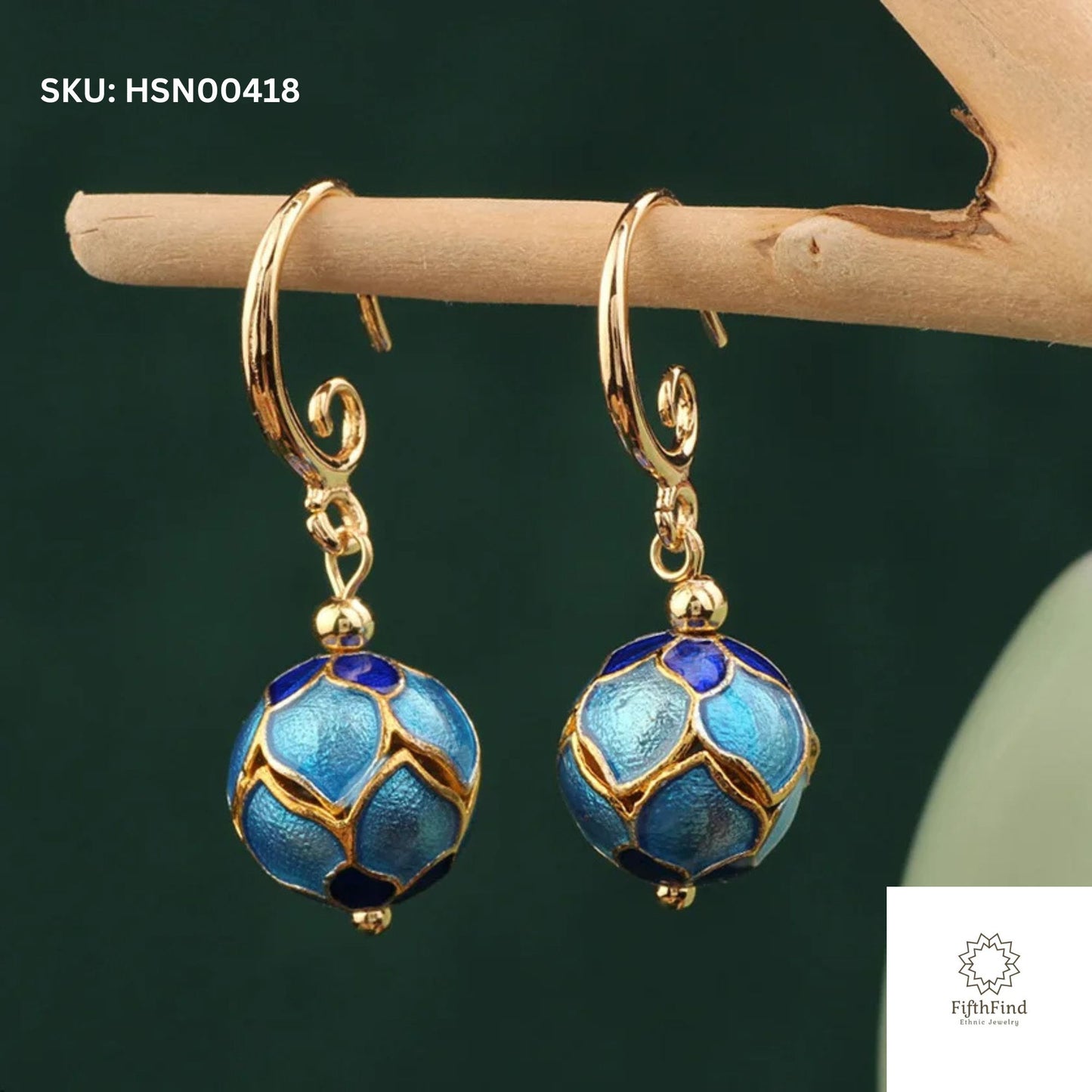 Elegant Blue Cloisonné Drop Earrings with Gold Accents