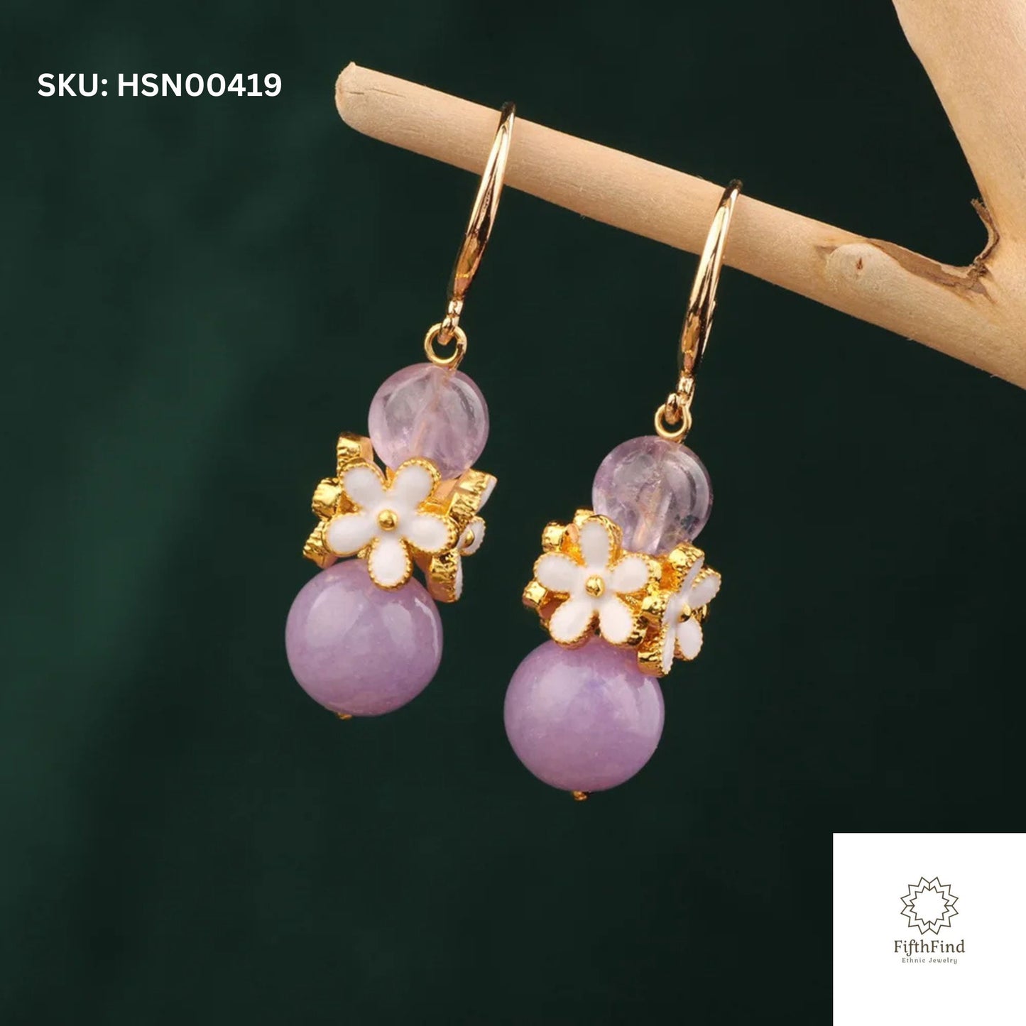 Elegant Lavender Floral Drop Earrings with Gold Details