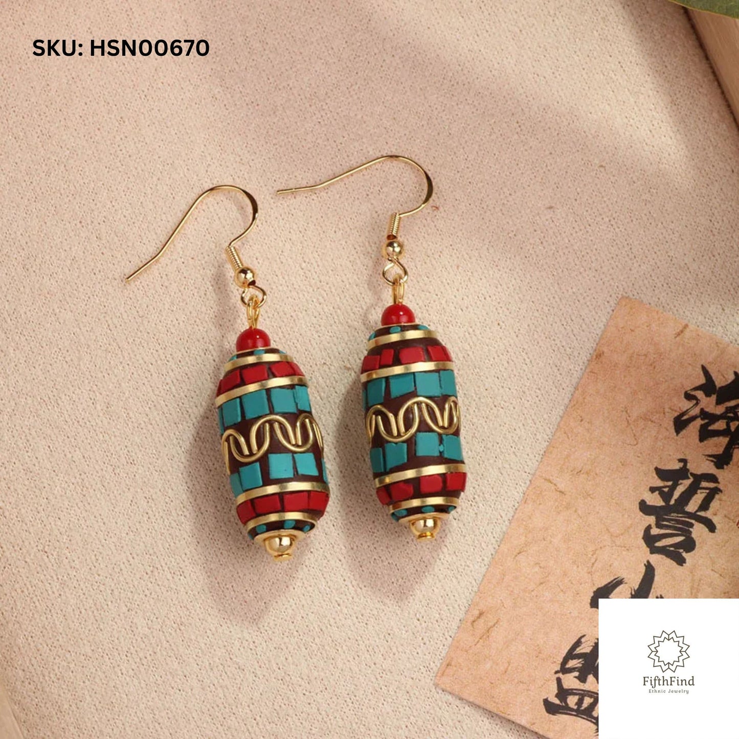 Ethnic Red & Turquoise Mosaic Beaded Earrings with Gold