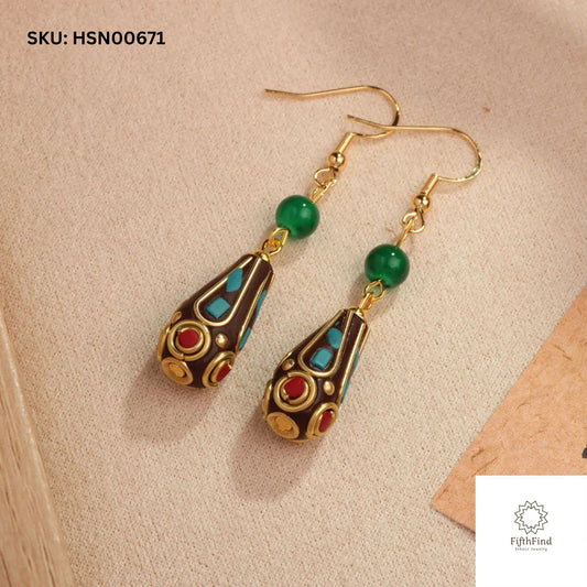 Ethnic Gold Drop Earrings with Turquoise & Red Beads