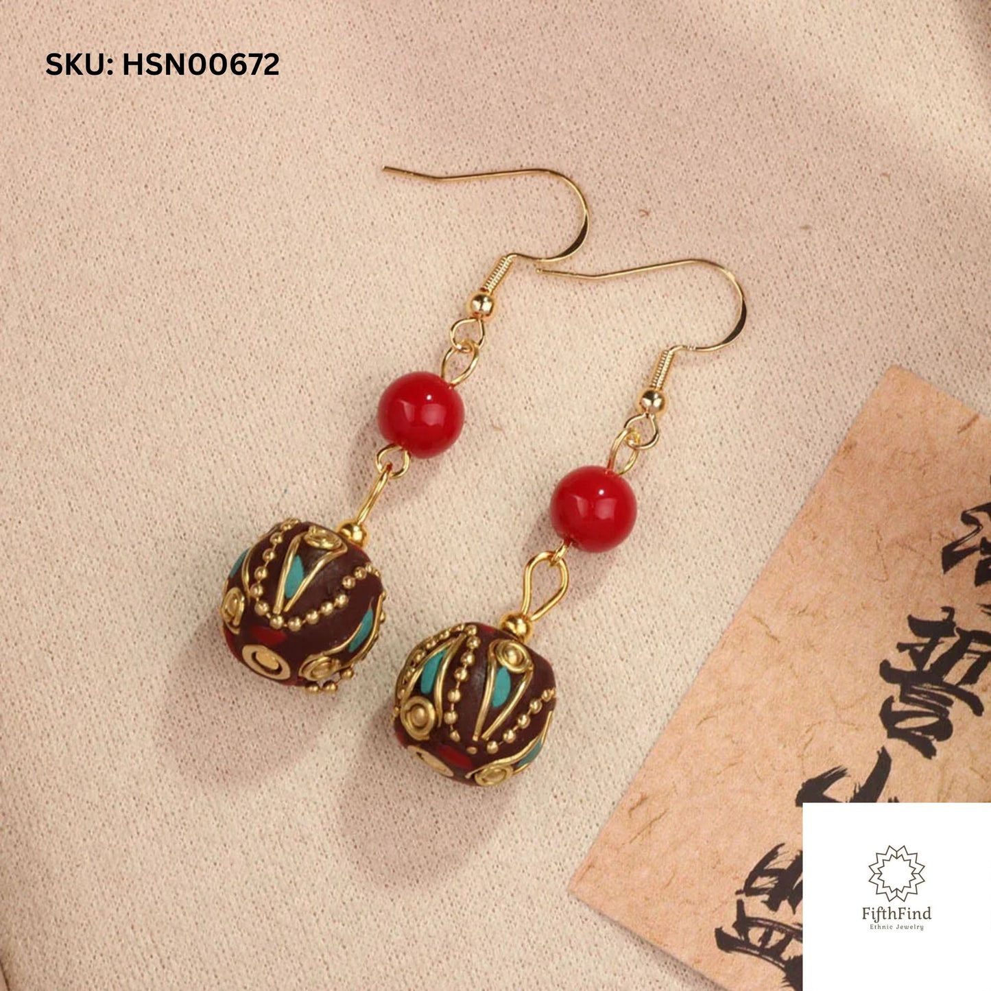 Gold Red Ball Earrings with Turquoise Accents