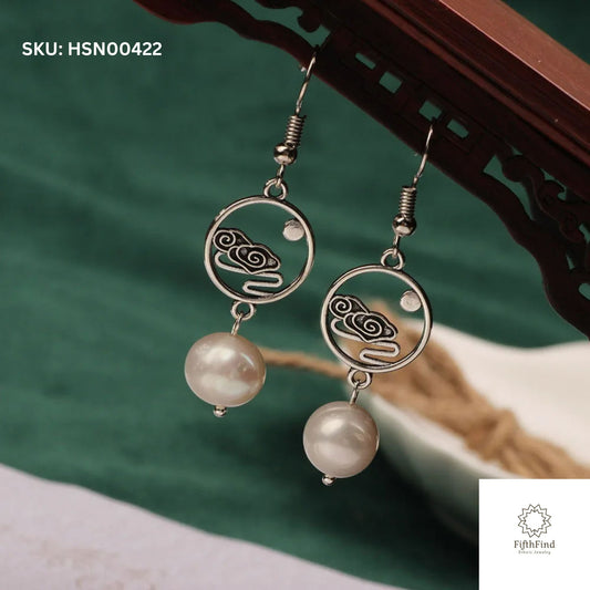 Silver Pearl Drop Earrings with Cloud Design