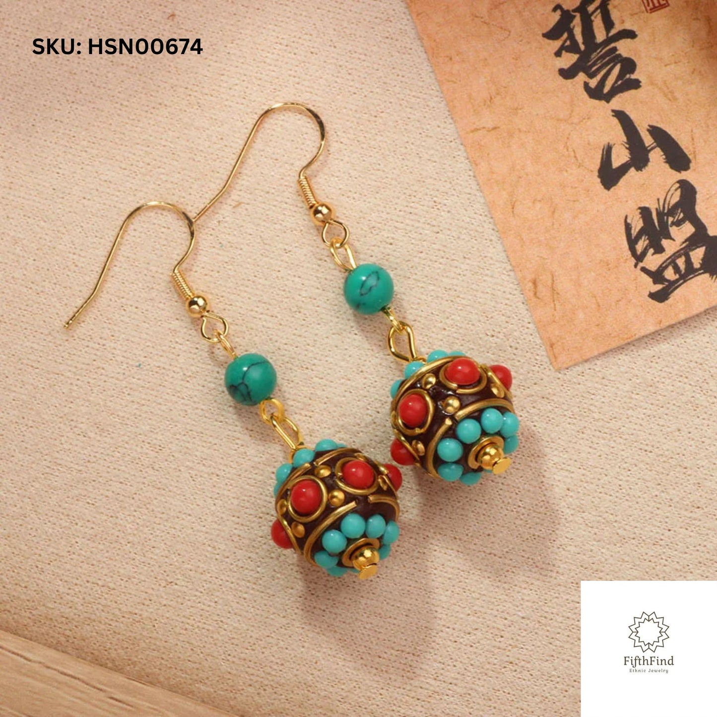 Turquoise and Red Ball Earrings with Boho Gold Detailing