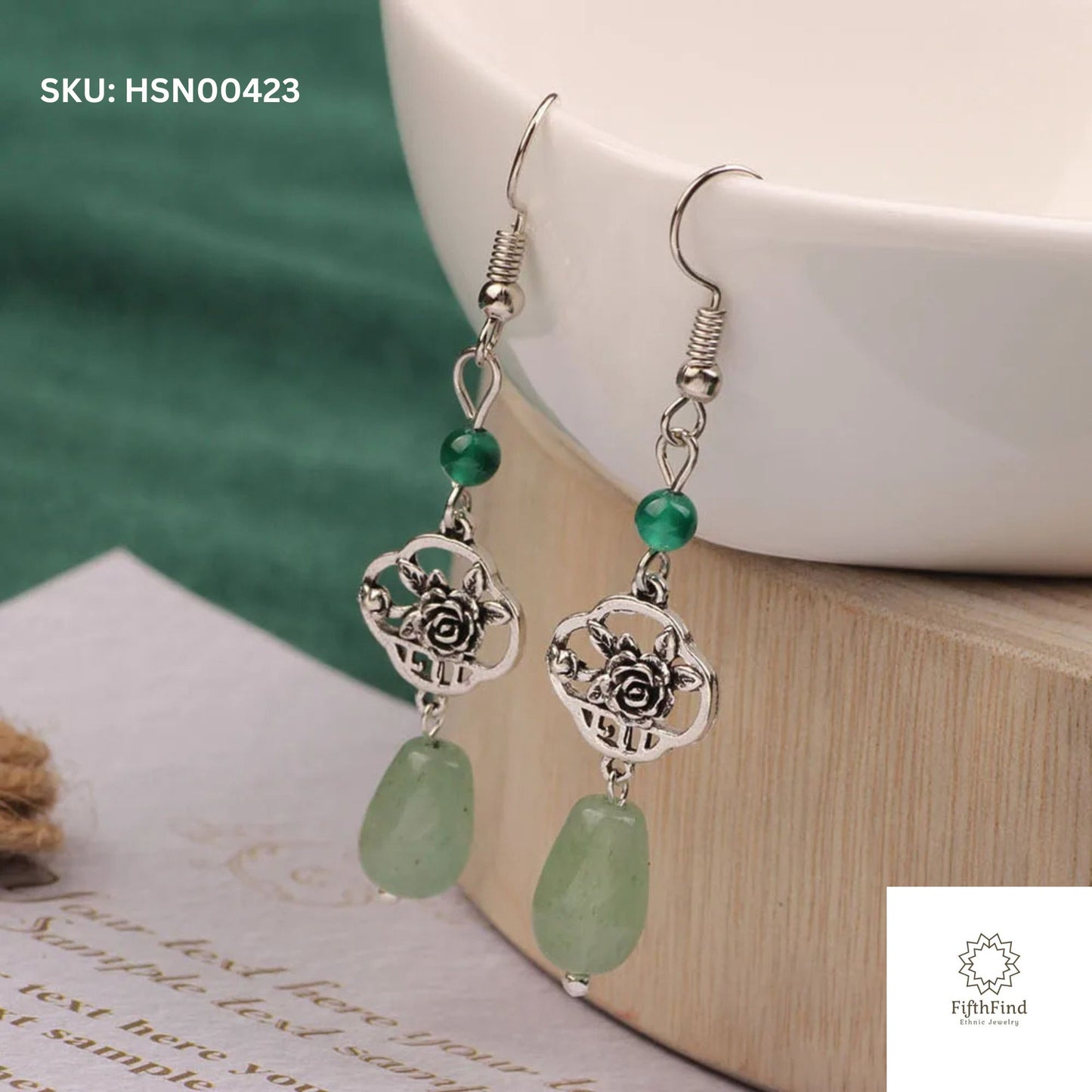 Green Stone & Silver Rose Drop Earrings