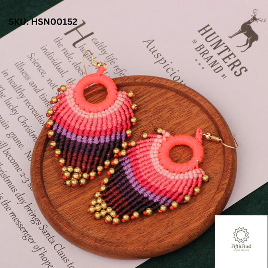 Pink and Purple Woven Fan Earrings with Gold Bead Details