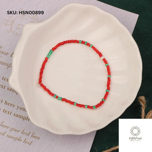 Red and Green Seed Bead Minimalist Bracelet for Women