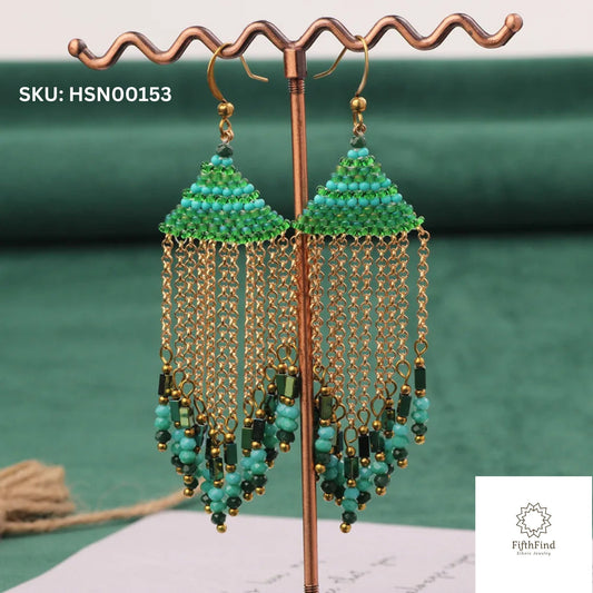 Emerald Green Beaded Tassel Earrings with Gold Chains