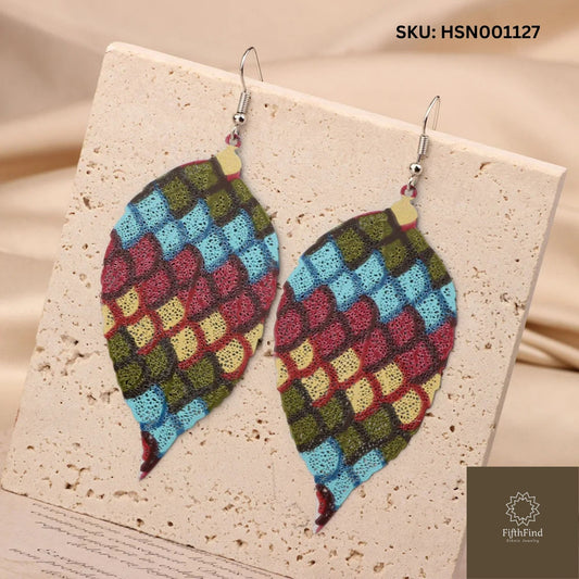 Colorful Checkered Leaf Earrings - Artistic Boho Jewelry