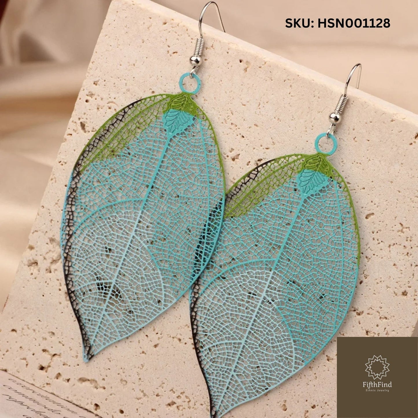 Delicate Aqua Skeleton Leaf Earrings - Boho Chic Jewelry