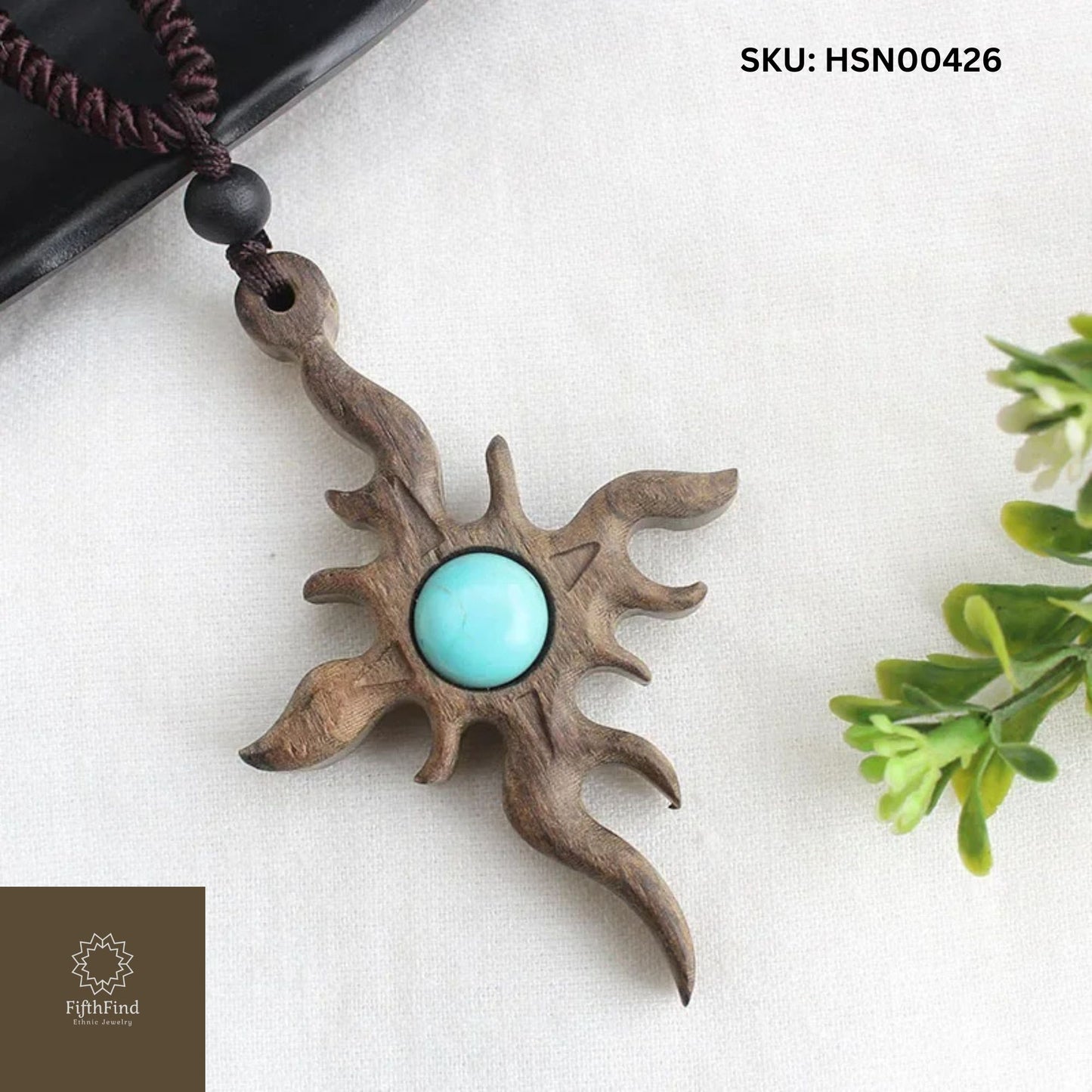 Rustic Wooden Pendant Necklace with Turquoise Accent