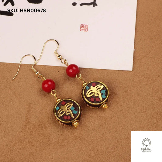 Ethnic Mosaic Disc Earrings with Red Beads and Gold Accents