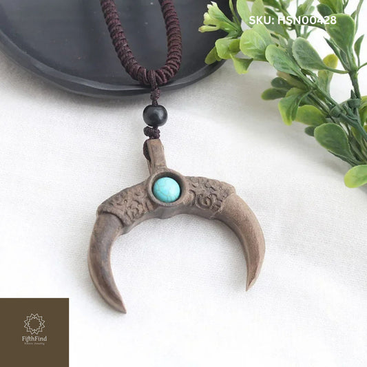 Crescent Moon Wood Pendant with Turquoise Accent