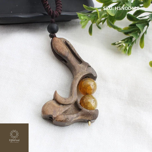 Wooden Curve Pendant Necklace with Amber Beads