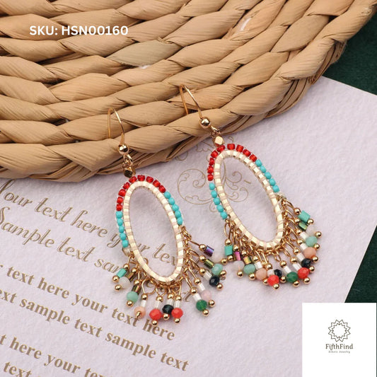 Multicolor Beaded Oval Drop Earrings with Gold Detailing