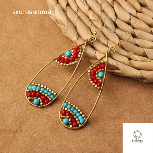 Red and Turquoise Beaded Teardrop Earrings with Gold