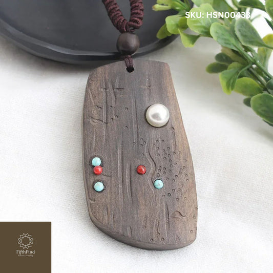 Wooden Pendant Necklace with Pearl and Gemstone Accents