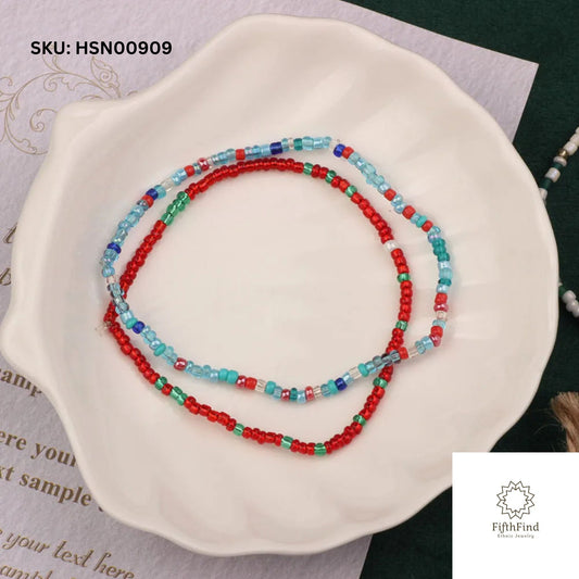 Vibrant Red & Blue Beaded Bracelet Set