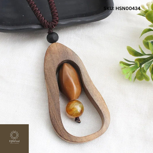 Natural Wooden Pendant Necklace with Gemstone Accents