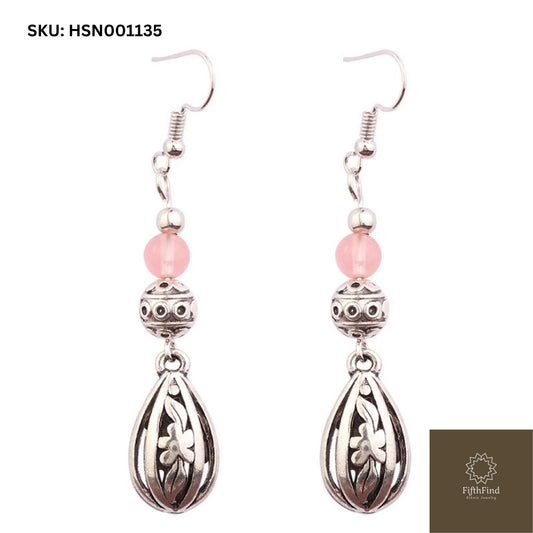 Silver Floral Drop Earrings with Pink Bead Accent