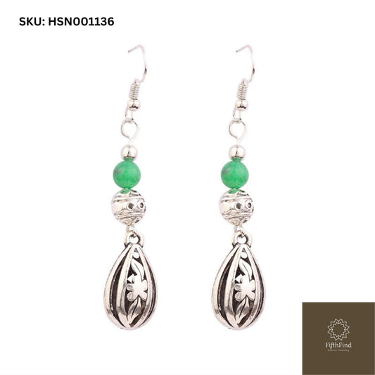 Silver Floral Drop Earrings with Green Bead Accent