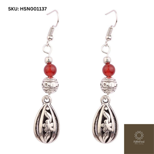 Silver Floral Earrings with Red Bead Accent