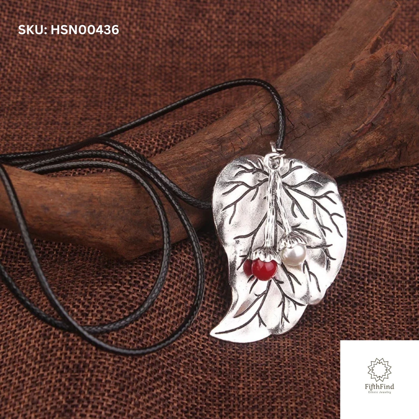 Silver Leaf Pendant Necklace with Pearl and Red Accent