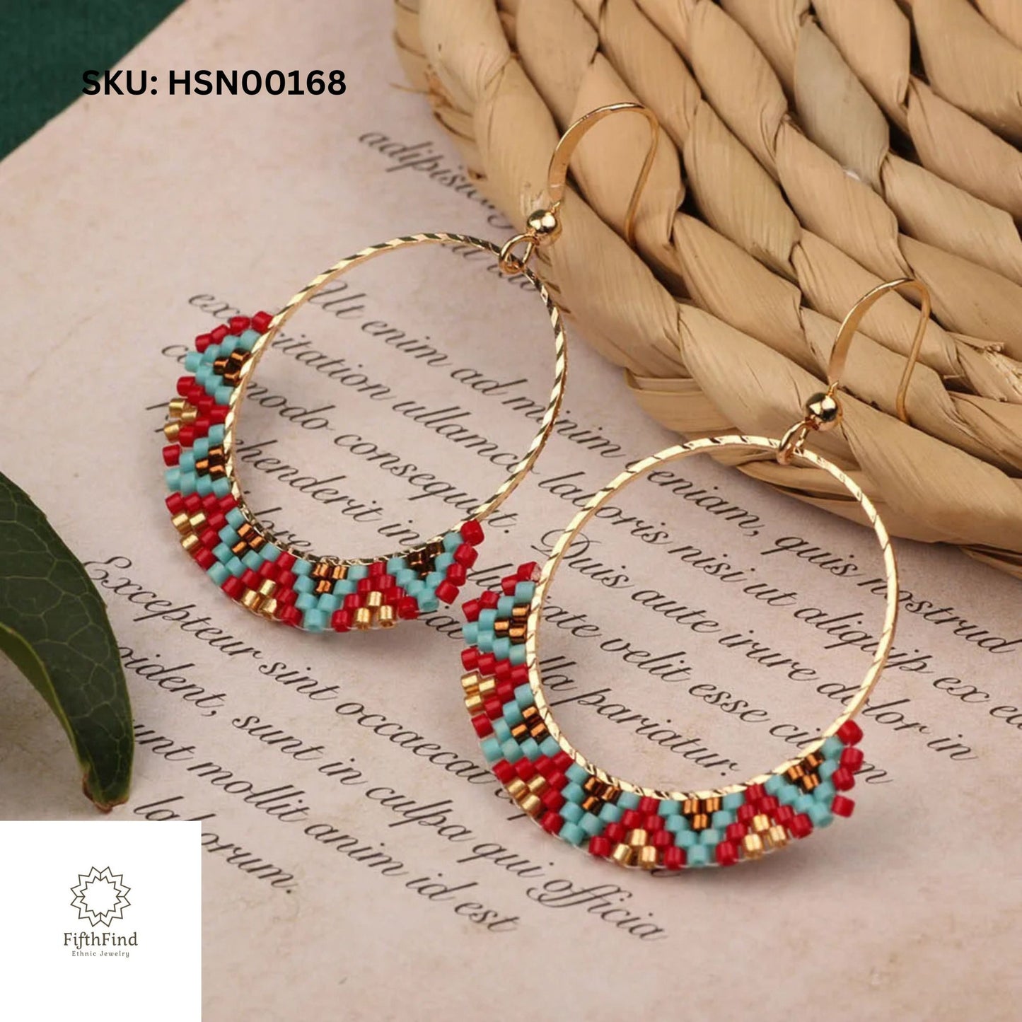 Boho Gold Hoop Earrings with Red and Turquoise Beads